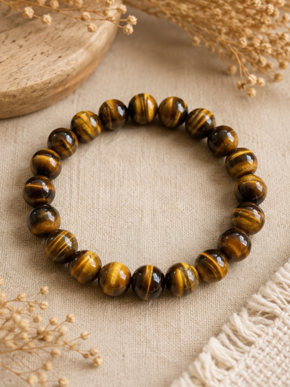 Tiger’s Eye Beaded Stretch Bracelet Brown Gold Gemstone Style Unisex